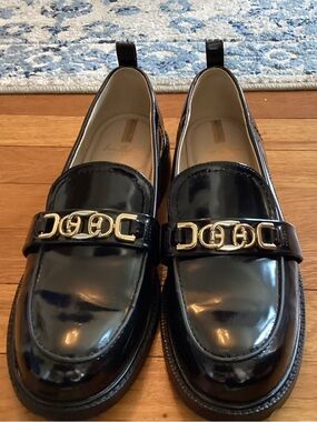 Sam Edelman Black Patent Loafers with Gold Chain Detail